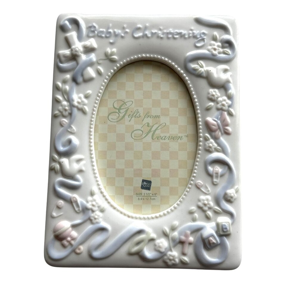 Baby's Christening Fame Ceramic White Blue & Pink Cross Oval Russ 5"x3.5"